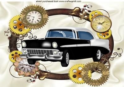 Black Vintage Car in Steamclock Frame A4