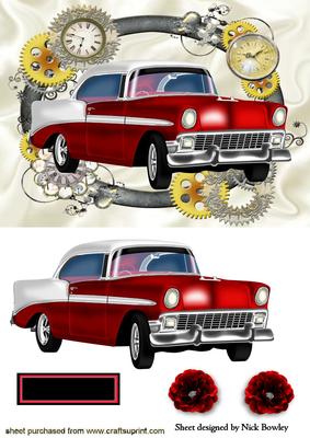 Red Vintage Car in Clock Steampunk Frame