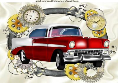 Red Vintage Car in Clock Steampunk Frame A4