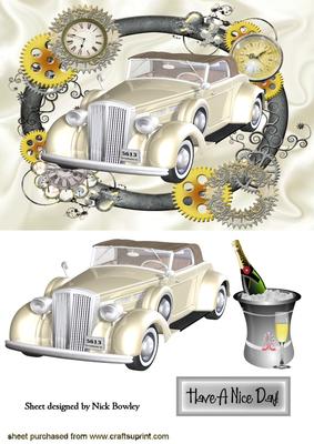 Vintage Cream Car in Silver Clock Steampunk Frame