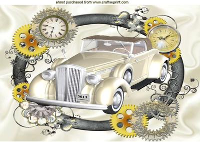 Vintage Cream Car in Silver Clock Steampunk Frame A4