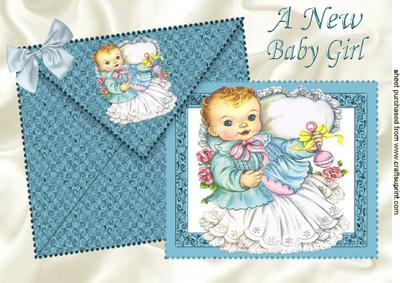 Cute Little Vintage Baby Girl on Card and Envelope A4