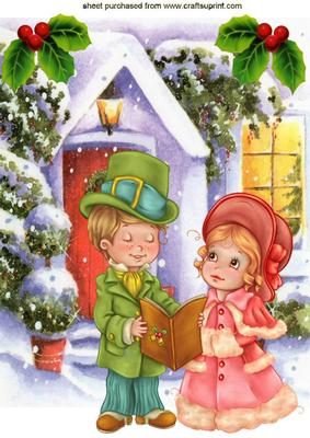 Pretty Cottage with Carol Singers and Holly A4