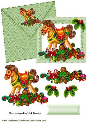 Rocking Horse with Christmas Goodies on Card and Envelope