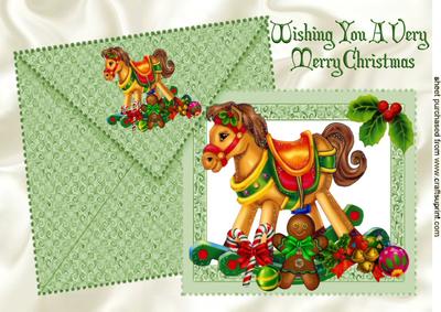 Rocking Horse with Christmas Goodies on Card and Envelope A4