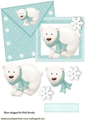 Cute White Polar Bear with Snowflakes on Card and Envelope