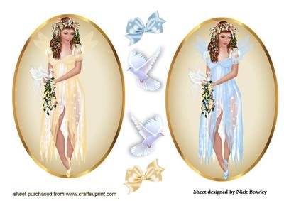 Peach and Blue Faeries with Bows and Doves