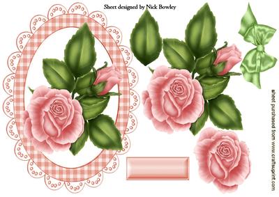Roses Peach/pink in Gingham Frame with Bow