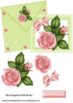 Peach/pink Roses and Bow on Card with Envelope