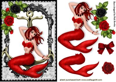 Beautiful Mermaid in Red with Roses on an Anchor