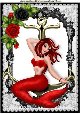 Beautiful Mermaid in Red with Roses on an Anchor A4