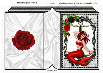 Beautiful Mermaid in Red with Roses on an Anchor Folded Book