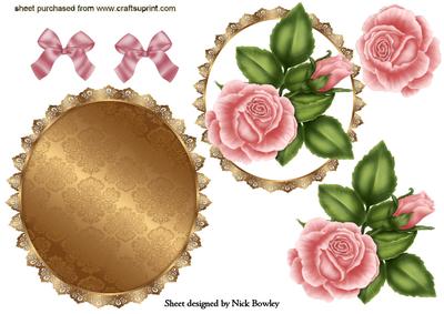 Pretty Pink Roses on Gold Ornate Rocker Card