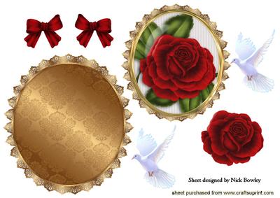 Red Rose with White Doves on Gold Ornate Rocker Card