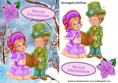 Carol Singers with Snow Scene and Poinsettias