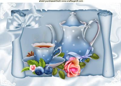 Teatime with Roses on a Blue Scroll A4