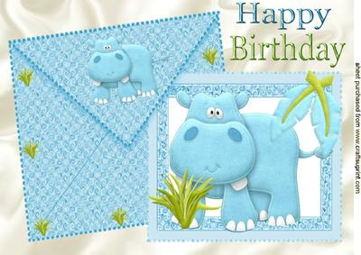 Cute Little Blue Hippo on Card and Envelope A4