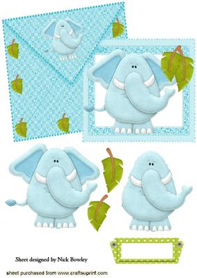 Cute Little Blue Ele on a Card and Envelope