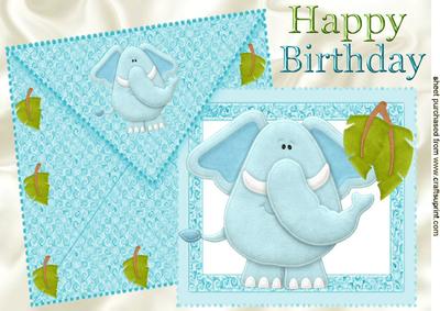 Cute Little Blue Ele on a Card and Envelope A4