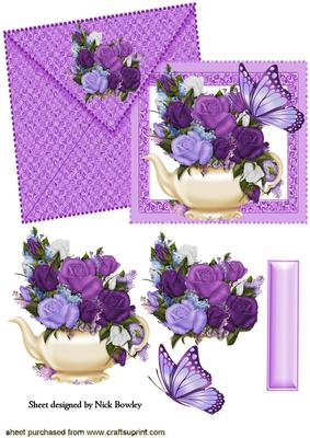 Pretty Roses on a Teapot with Card and Envelope