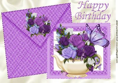 Pretty Roses on a Teapot with Card and Envelope A4