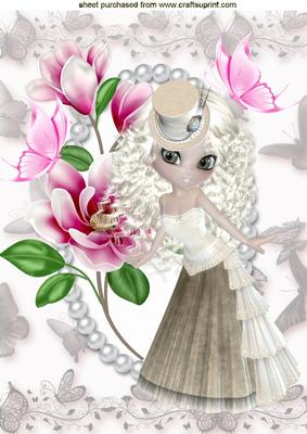 Vintage Lady with Pink Flowers and Butterflies A4