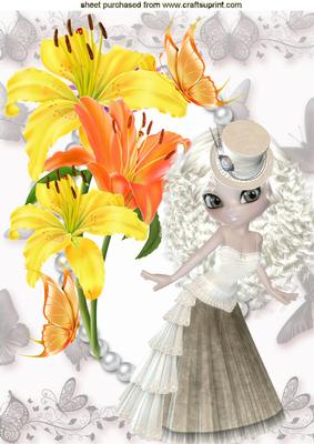 Vintage Lady with Yellow/orange Flowers and Butterflies A4