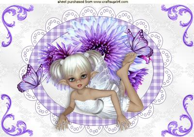 Little Faerie in White with Lilac Flowers and Butterflies A4