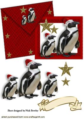 Penguins in Santa Hats on a Card and Envelope