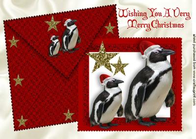 Penguins in Santa Hats on a Card and Envelope A4