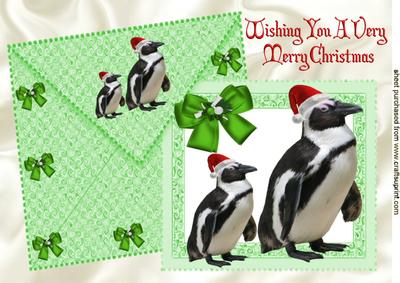 Penguins in Santa Hats on a Green Card and Envelope A4