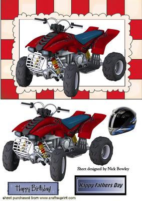 Red Quad Bike with Mud and Helmet