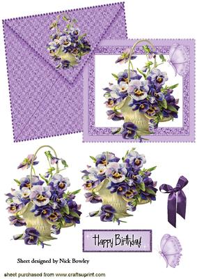 Basket of Lilac Pansies on a Card with Envelope