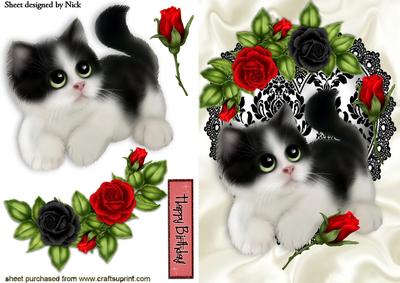 Kitty with Red Roses on Black Lace Heart