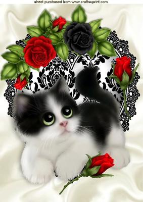 Kitty with Red Roses on Black Lace Heart A4