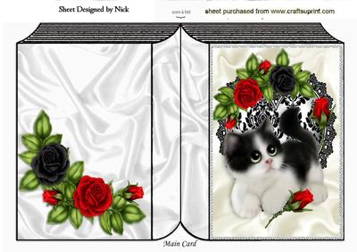 Kitty with Red Roses on Black Lace Heart Folded Book