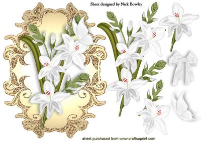 Pretty White Gladiolus in Gold Sparkle Frame