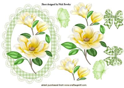 Pretty Yellow Flowers in Green Gingham Frame