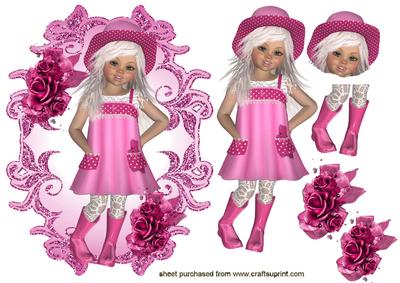 Little Girl in Pink Sun Hat and Wellies
