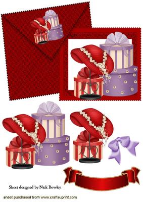 Red Hat with Purple Hat Boxes on Card and Envelope