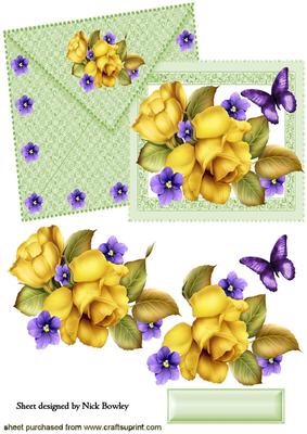 Pretty Yellow Roses and Flowers on Card and Envelope