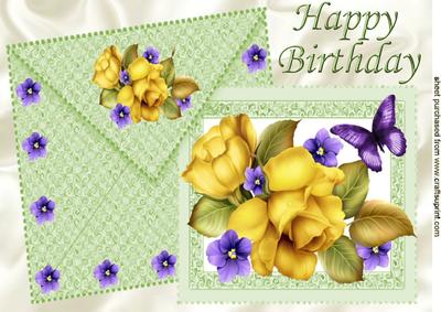 Pretty Yellow Roses and Flowers on a Card with Envelope A4