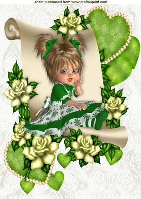 Little Girl in Green on Scroll with Roses A4