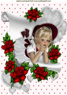 Pretty in Her Red Bonnet on Scroll of Red Roses A4
