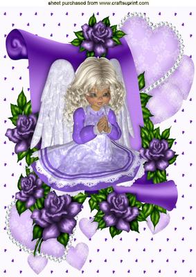 Praying Angel on a Scroll with Purple Roses A4