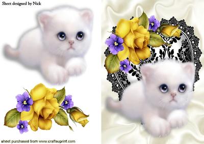 Little White Kitty on Lace Heart and Yellow Roses