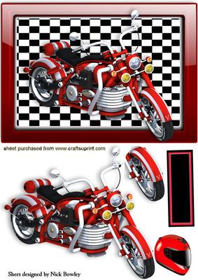 Red Motor Bike in Glass Ornate Frame with Helmet A4