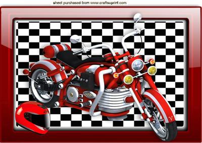 Red Motor Bike in Glass Ornate Frame with Helmet A4