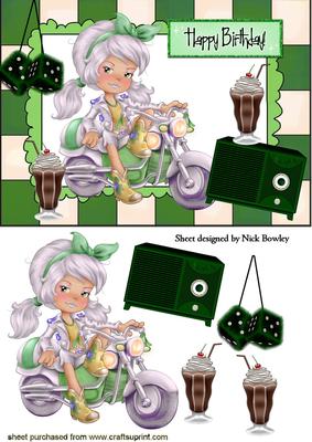 Biker Girl in Green with 50's Radio and Milkshake