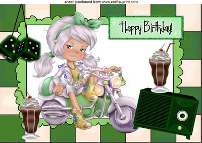 Biker Girl in Green with 50's Radio and Milkshake A4